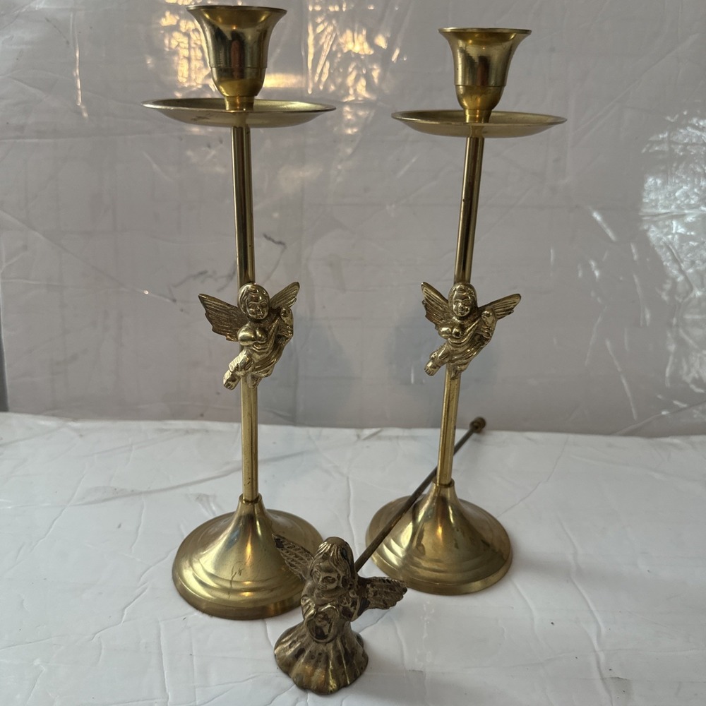 Brass Lot Of 3 Angel Candle Holders With Snuffer Angel And Violins 10"
